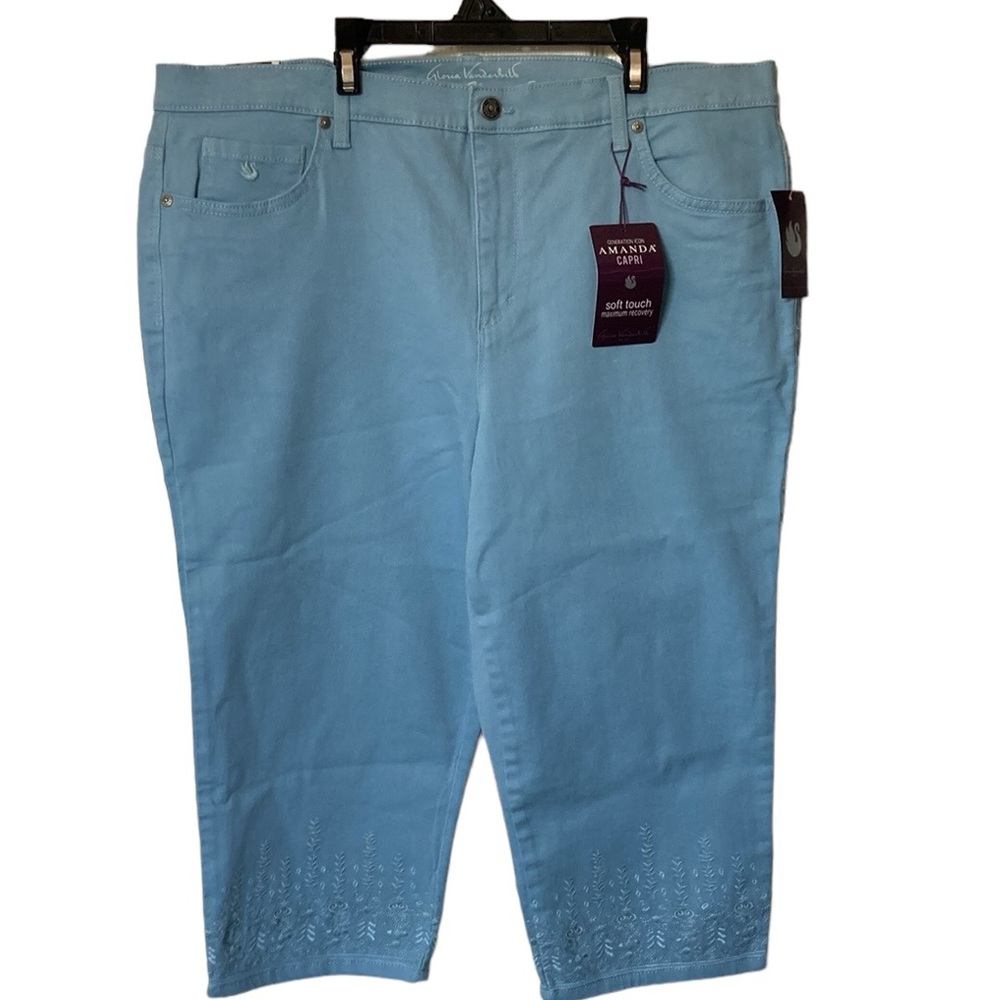 Gloria Vanderbilt Amanda capri NEW  blue with floral embroidery on bottom 16W